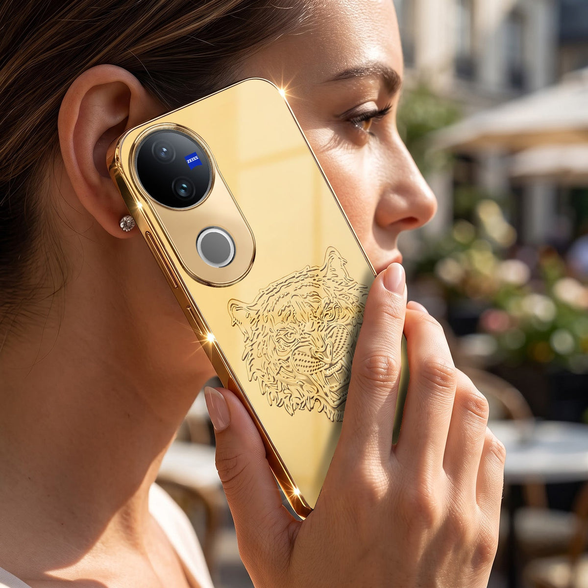 Vivo V50 5G Golden Tiger Face Gold Electroplated Glass Phone Back Case