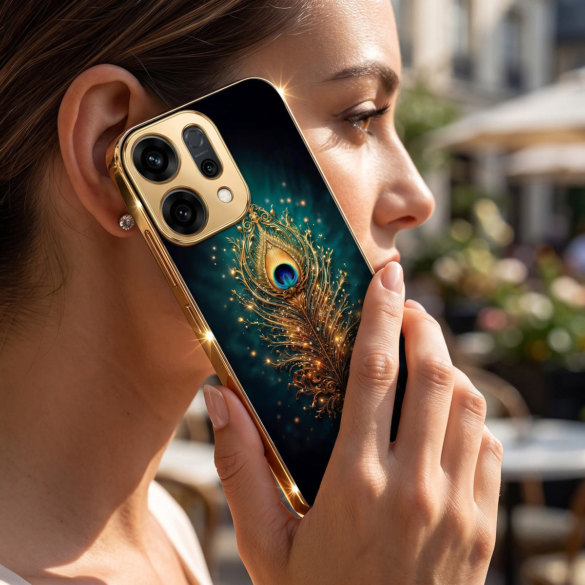 Oppo Reno 14 5G Golden Peacock Feather Gold Electroplated Glass Phone Back Case