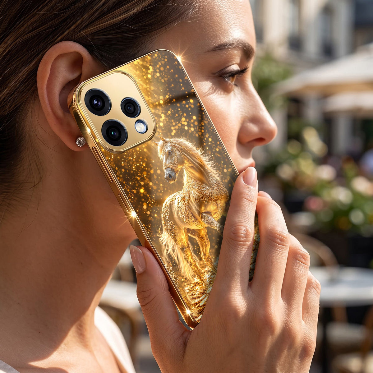 Oppo Reno 15 5G Golden Horse Sparkle Gold Electroplated Glass Phone Back Case