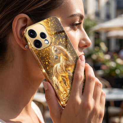 Oppo Reno 15 5G Golden Horse Sparkle Gold Electroplated Glass Phone Back Case
