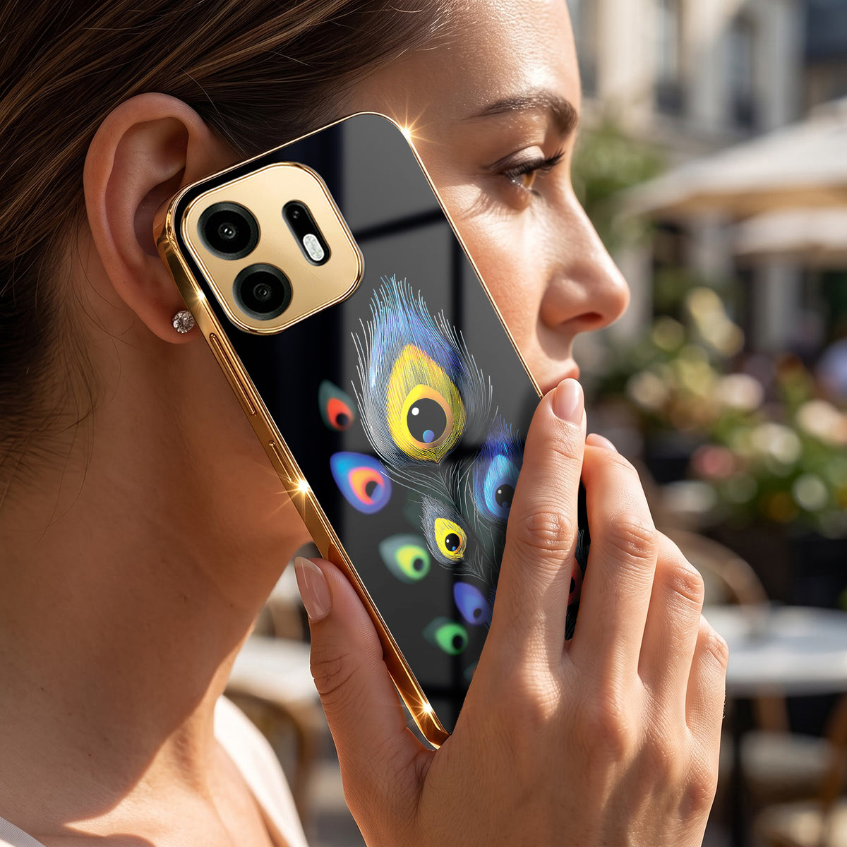 OnePlus N6 5G Multi-Feather Peacock Gold Electroplated Glass Phone Back Case