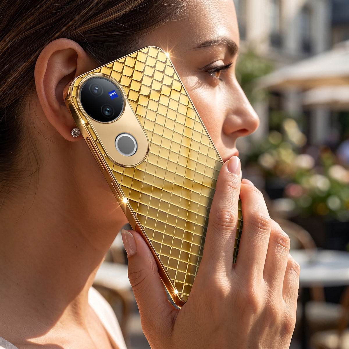 Vivo V50 5G Golden Criss Cross Gold Electroplated Glass Phone Back Case