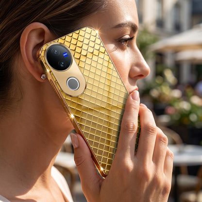 Vivo V50 5G Golden Criss Cross Gold Electroplated Glass Phone Back Case