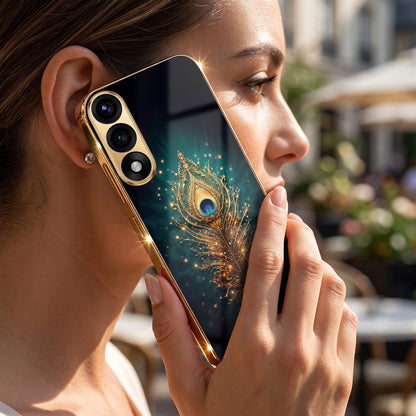 Oneplus Nord 5 5G Golden Peacock Feather Gold Electroplated Glass Phone Back Case