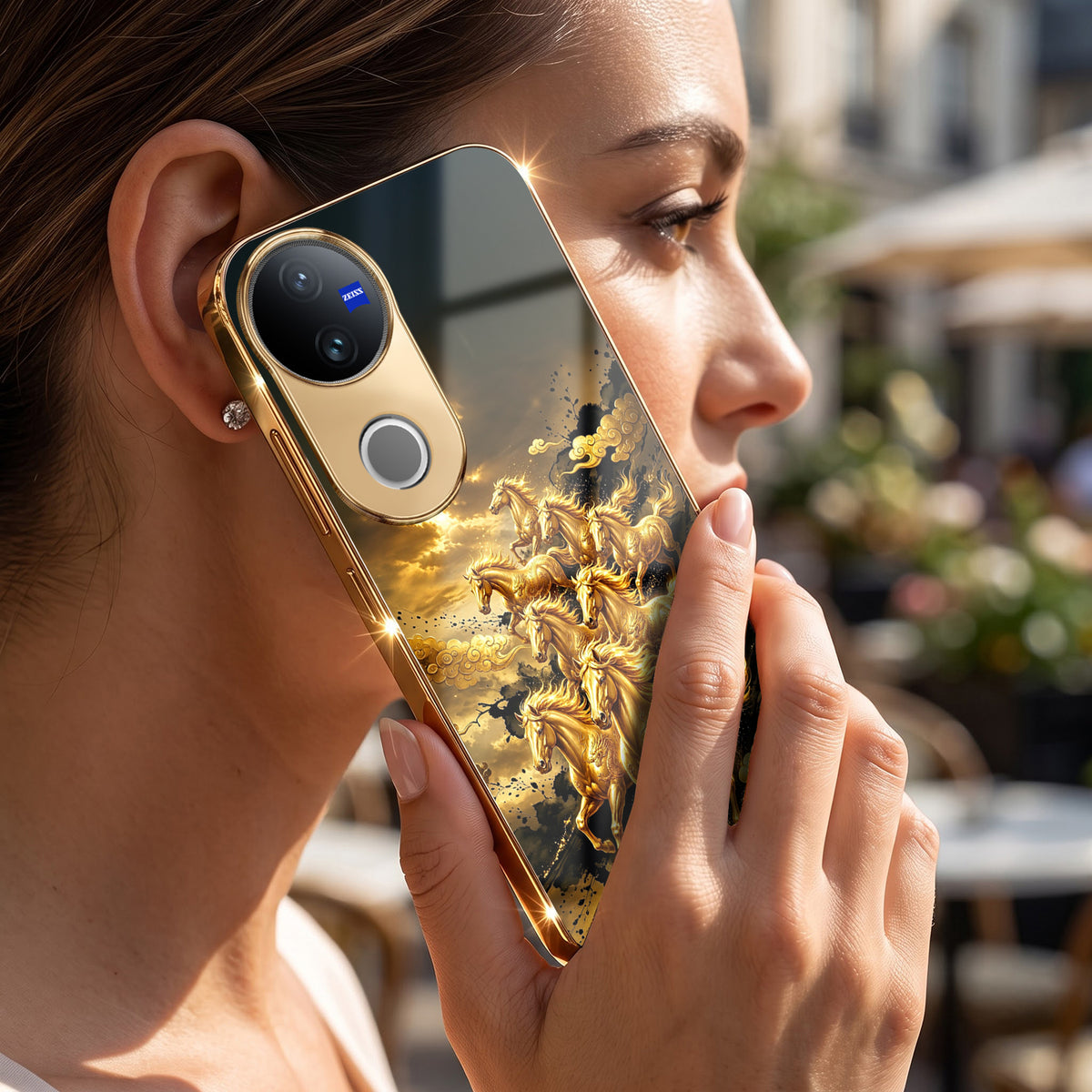 Vivo V50 5G Horses Royal Glory Gold Electroplated Glass Phone Back Case