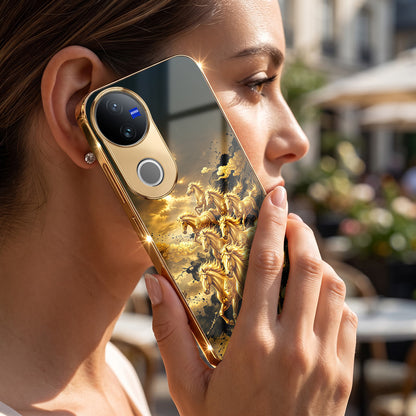Vivo V50 5G Horses Royal Glory Gold Electroplated Glass Phone Back Case