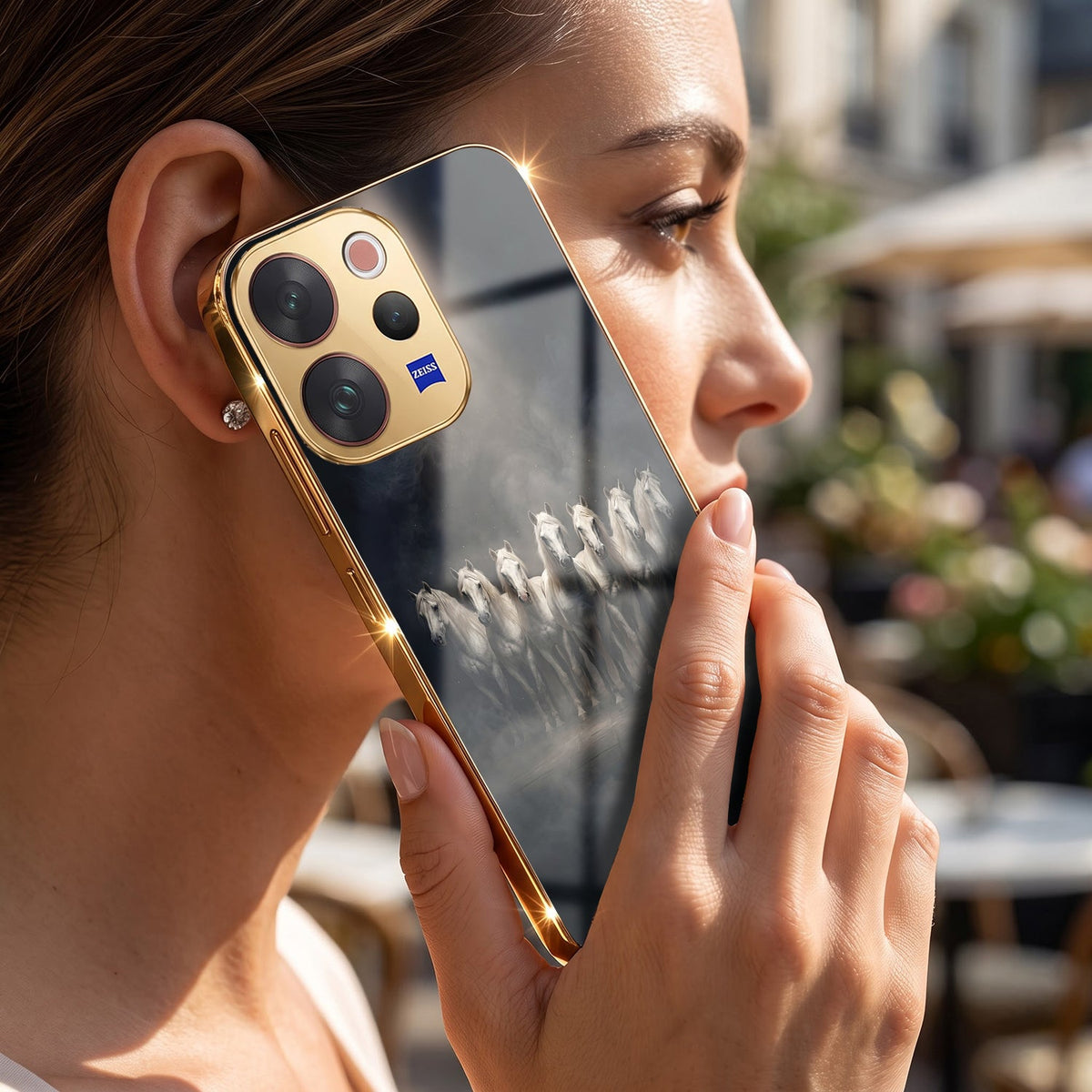 Vivo V70 5G Running Horses Gold Electroplated Glass Phone Back Case