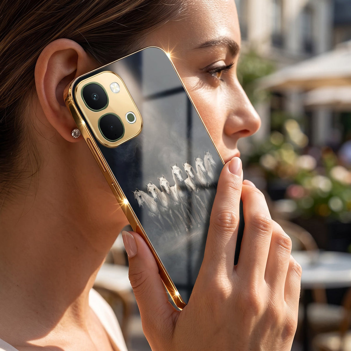 Vivo T5x 5G Running Horses Gold Electroplated Glass Phone Back Case