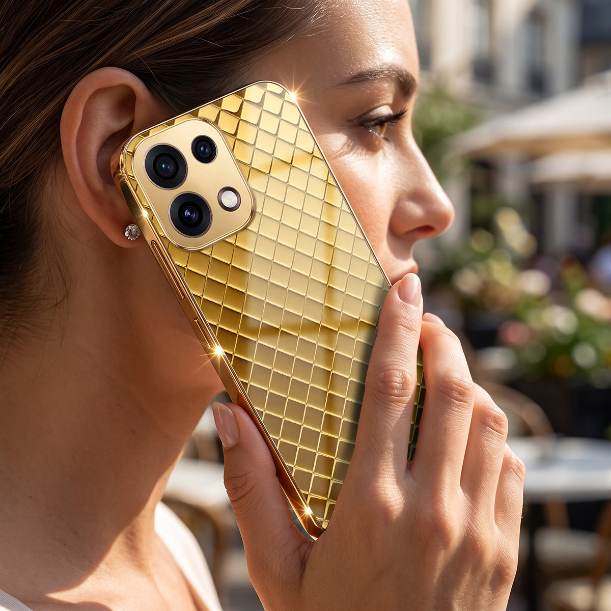 Oppo Reno 16C 5G  Golden Criss Cross Gold Electroplated Glass Phone Back Case