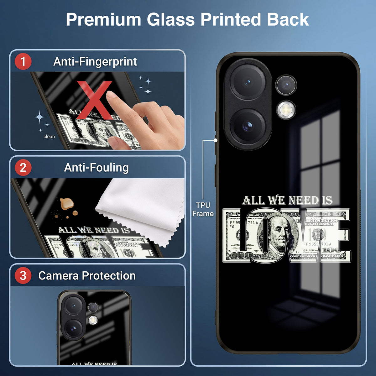 Vivo V60 5G Premium Acrylic Shockproof Glass Back Case (Money Love)