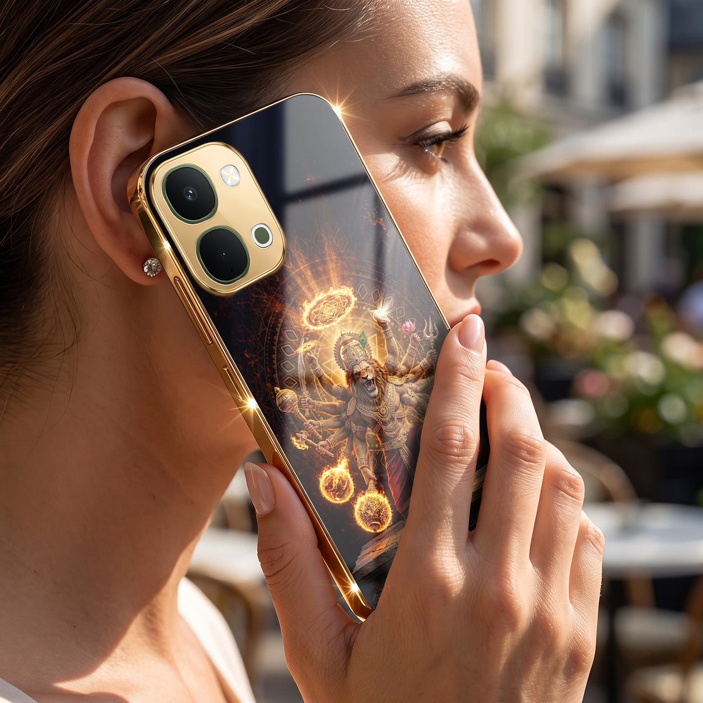 Vivo T5x 5G Lord Narasimha Gold Electroplated Glass Phone Back Case