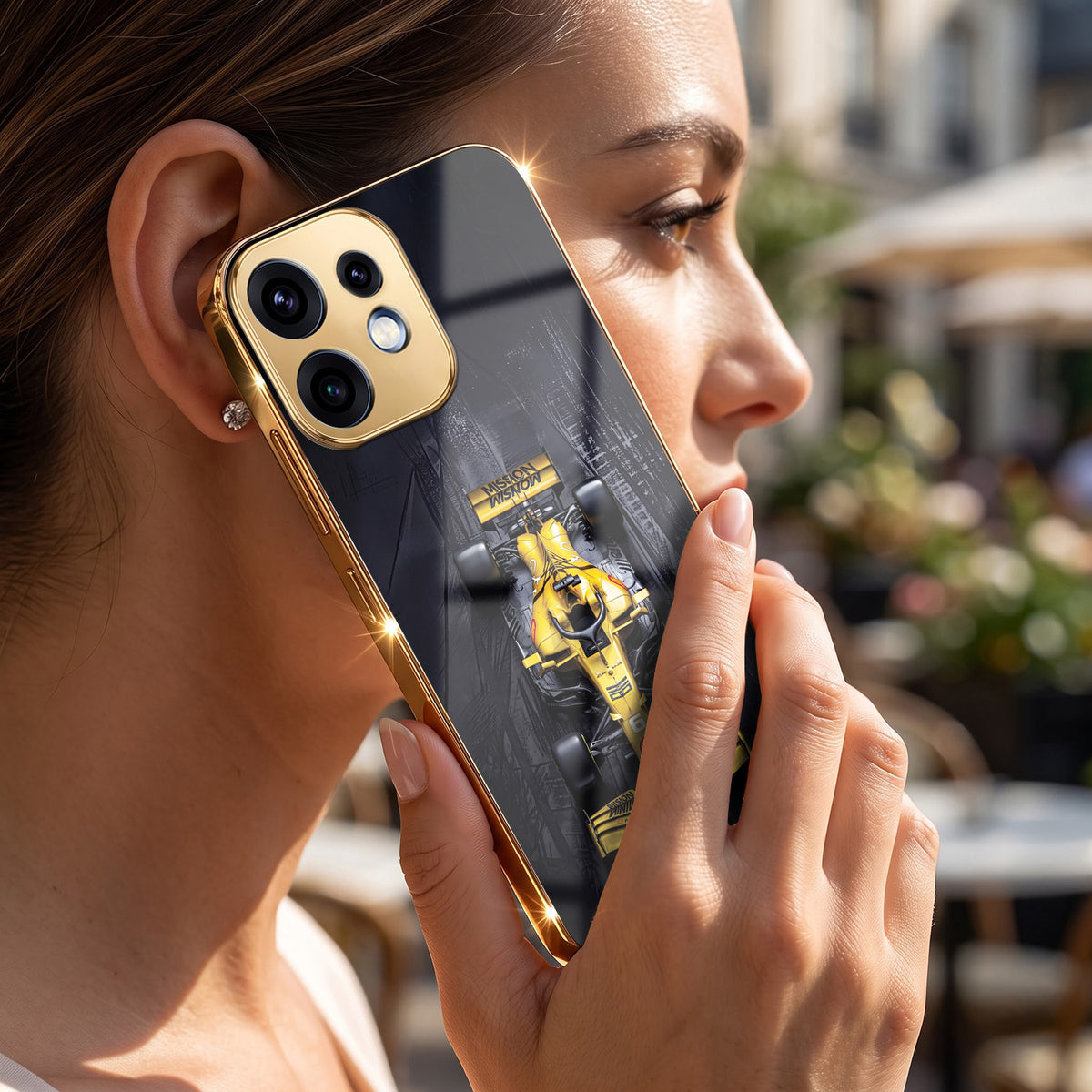 Oppo Reno 16 5G F1 Racing Car Gold Electroplated Glass Phone Back Case