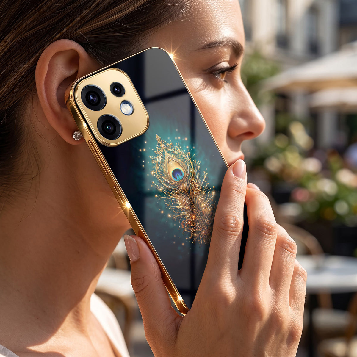 Oppo Reno 16 5G Golden Peacock Feather Gold Electroplated Glass Phone Back Case