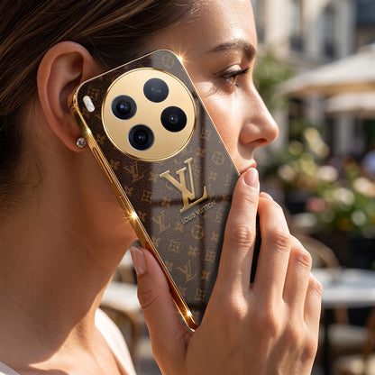 Vivo X300 Pro 5G LV Brown Monogram Gold Electroplated Glass Phone Back Case