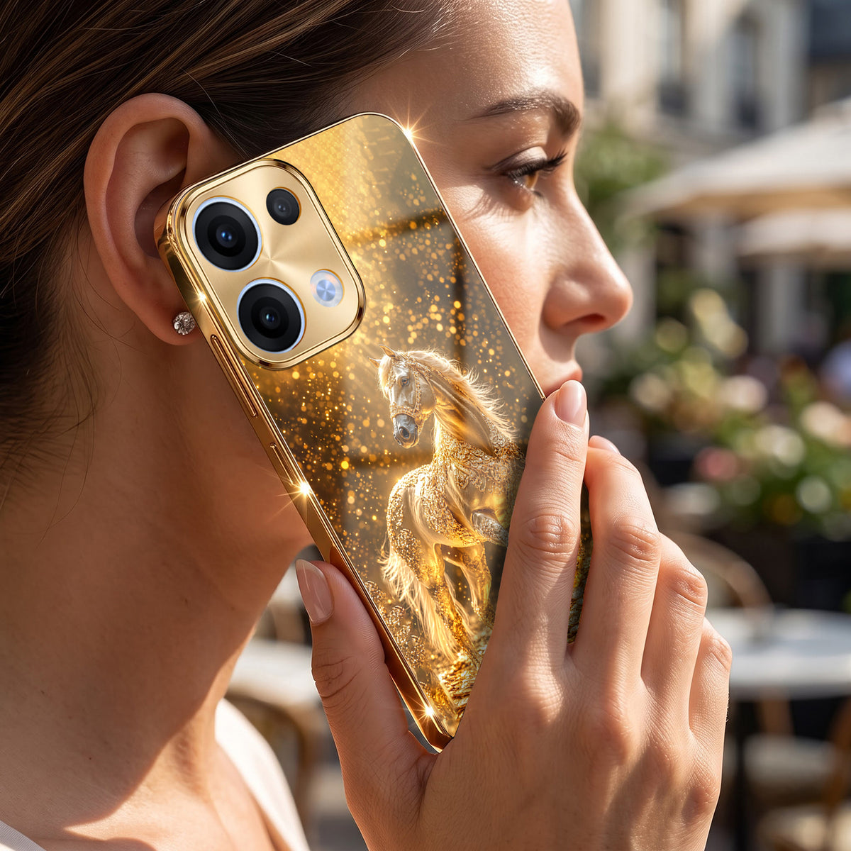 Oppo Reno 13 5G Golden Horse Sparkle Gold Electroplated Glass Phone Back Case