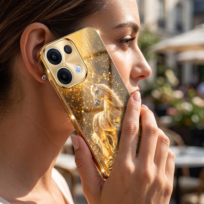 Oppo Reno 13 5G Golden Horse Sparkle Gold Electroplated Glass Phone Back Case
