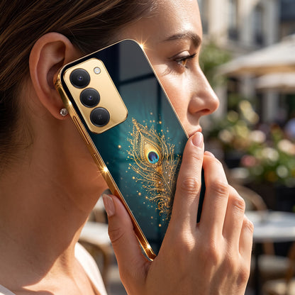 Redmi 15 5G Golden Peacock Feather Gold Electroplated Glass Phone Back Case