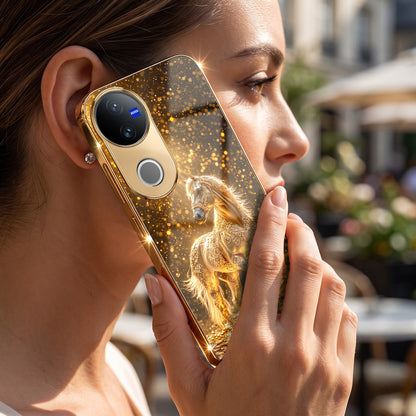 Vivo V50 5G Golden Horse Sparkle Gold Electroplated Glass Phone Back Case