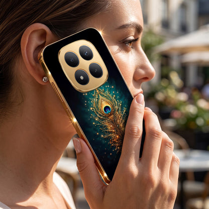 Redmi Note 15 Pro+ 5G Golden Peacock Feather Gold Electroplated Glass Phone Back Case