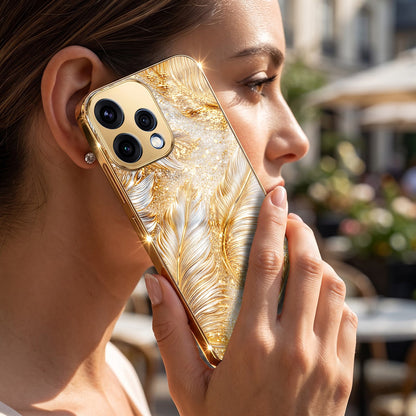 Oppo Reno 15 5G Golden Feather Marble Gold Electroplated Glass Phone Back Case