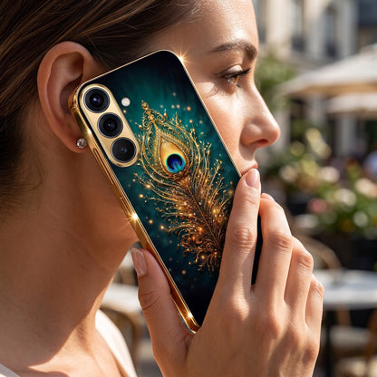Samsung Galaxy A36 5G Golden Peacock Feather Gold Electroplated Glass Phone Back Case