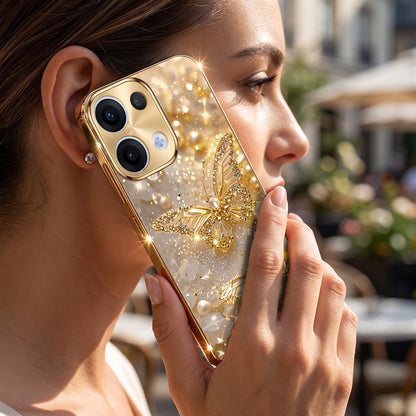 Oppo Reno 13 5G Golden Butterfly Gold Electroplated Glass Phone Back Case