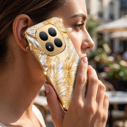 Redmi Note 15 Pro+ 5G Golden Feather Marble Gold Electroplated Glass Phone Back Case