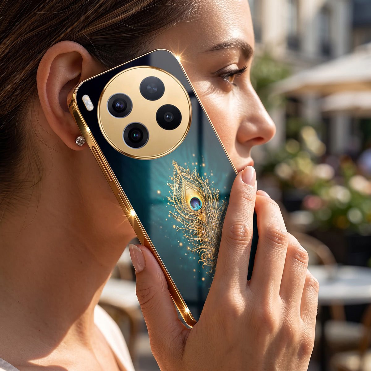 Vivo X300 Pro 5G Golden Peacock Feather Gold Electroplated Glass Phone Back Case