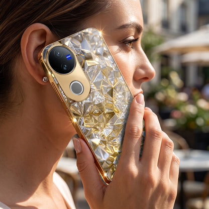 Vivo V50 5G White Diamond Shatter Gold Electroplated Glass Phone Back Case