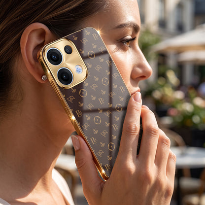 Oppo Reno 13 5G Luxury Monogram Brown Gold Electroplated Glass Phone Back Case