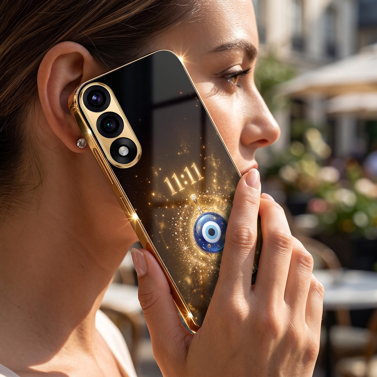 OnePlus Nord 5 5G God’s Plan Evil Eye Gold Electroplated Glass Phone Back Case
