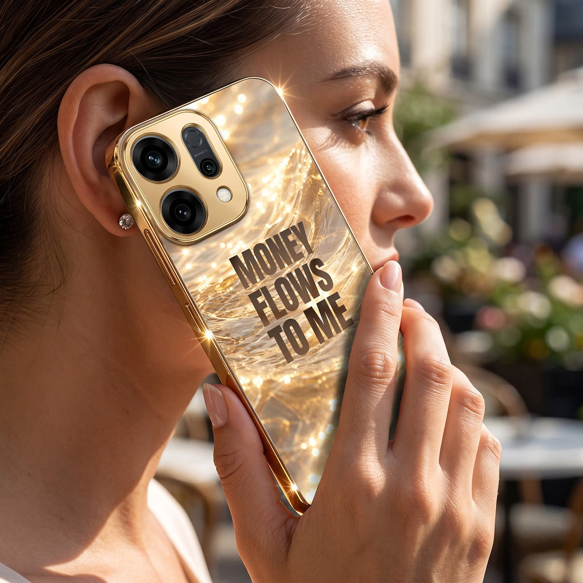 Oppo Reno 14 5G Money Flows To Me Gold Electroplated Glass Phone Back Case