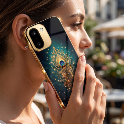 OnePlus 15R 5G Golden Peacock Feather Gold Electroplated Glass Phone Back Case