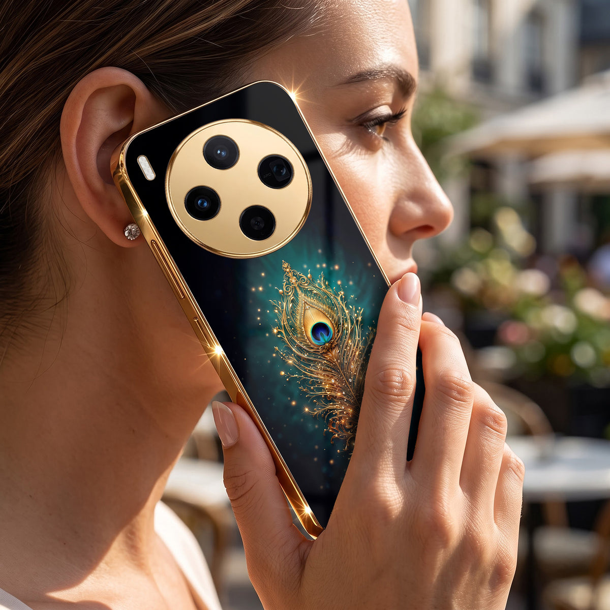 Vivo X300 5G Golden Peacock Feather Gold Electroplated Glass Phone Back Case