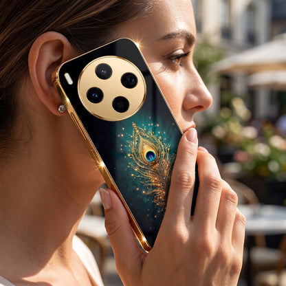Vivo X300 5G Golden Peacock Feather Gold Electroplated Glass Phone Back Case