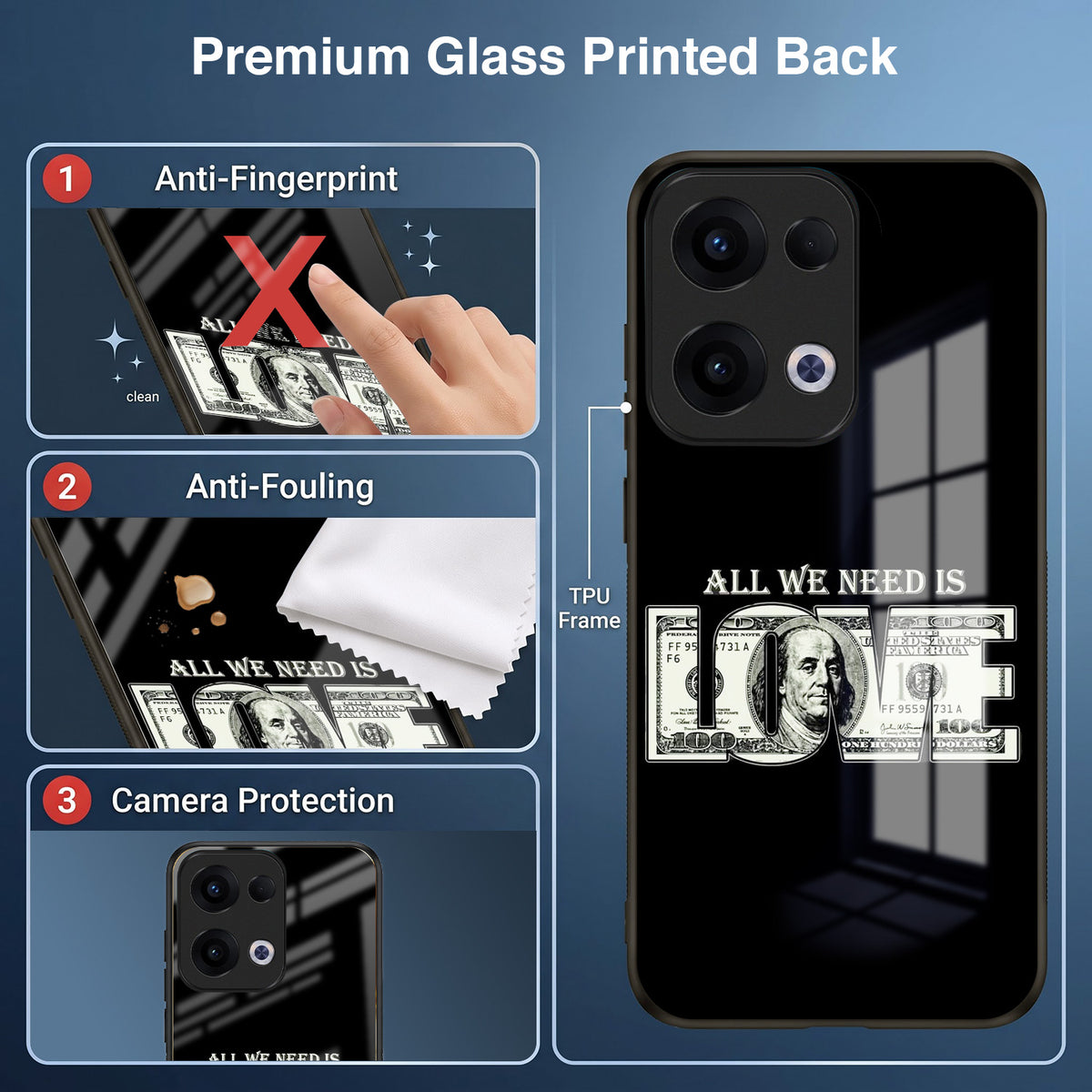 Oppo Reno 13 5G Premium Acrylic Shockproof Glass Back Case (Money Love)