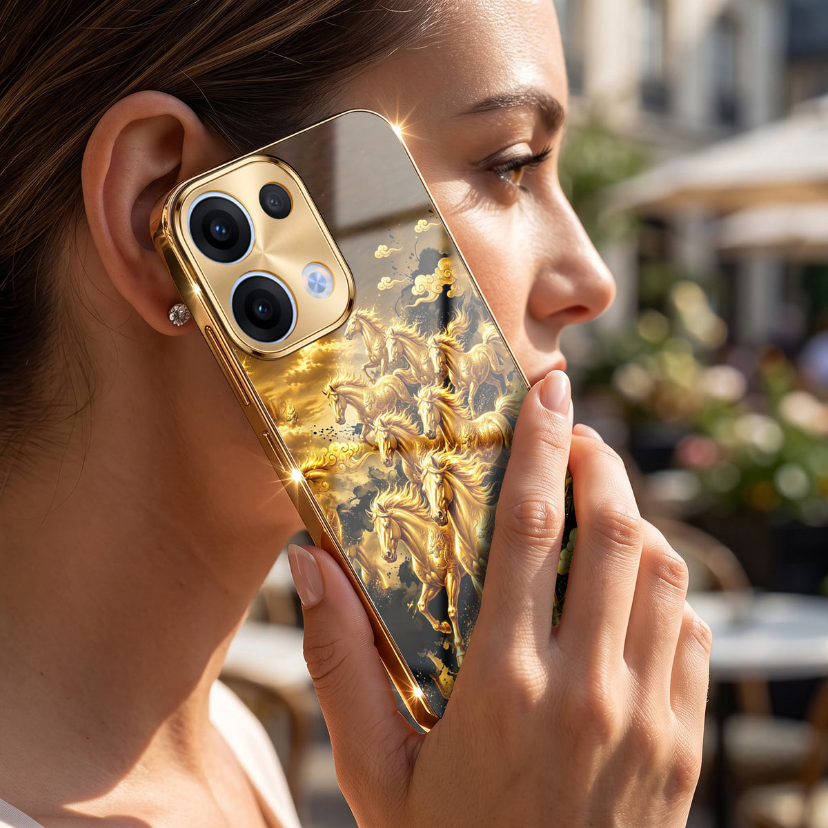 Oppo Reno 13 5G Horses Royal Glory Gold Electroplated Glass Phone Back Case