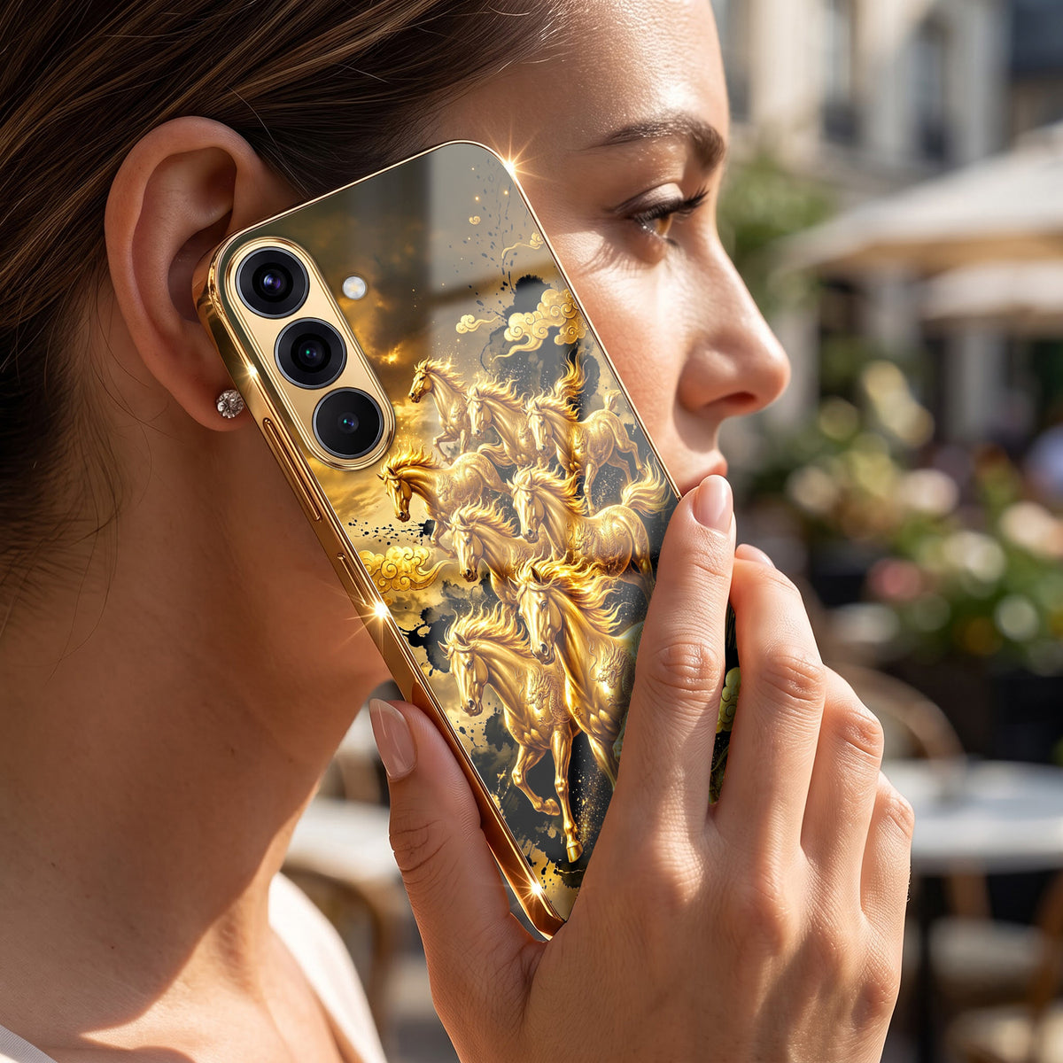 Samsung Galaxy A36 5G Horses Royal Glory Gold Electroplated Glass Phone Back Case