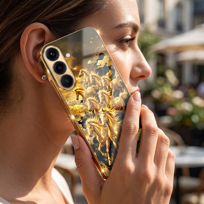 Samsung Galaxy A36 5G Horses Royal Glory Gold Electroplated Glass Phone Back Case