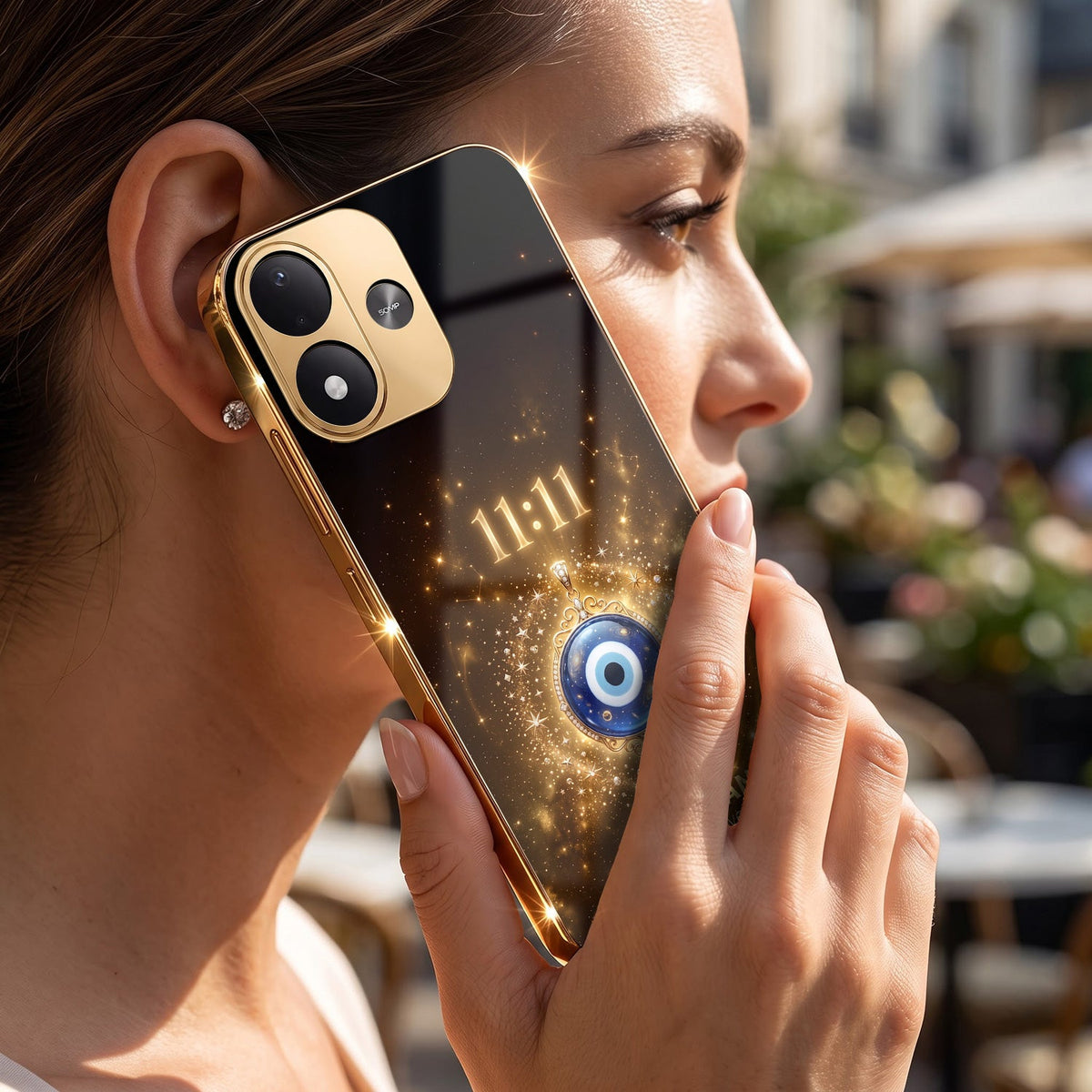Redmi Note 17 5G God’s Plan Evil Eye Gold Electroplated Glass Phone Back Case