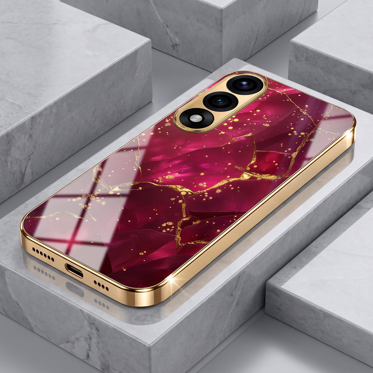 Oneplus Nord 5 5G Luxury Crimson Marble Gold Electroplated Glass Phone Back Case