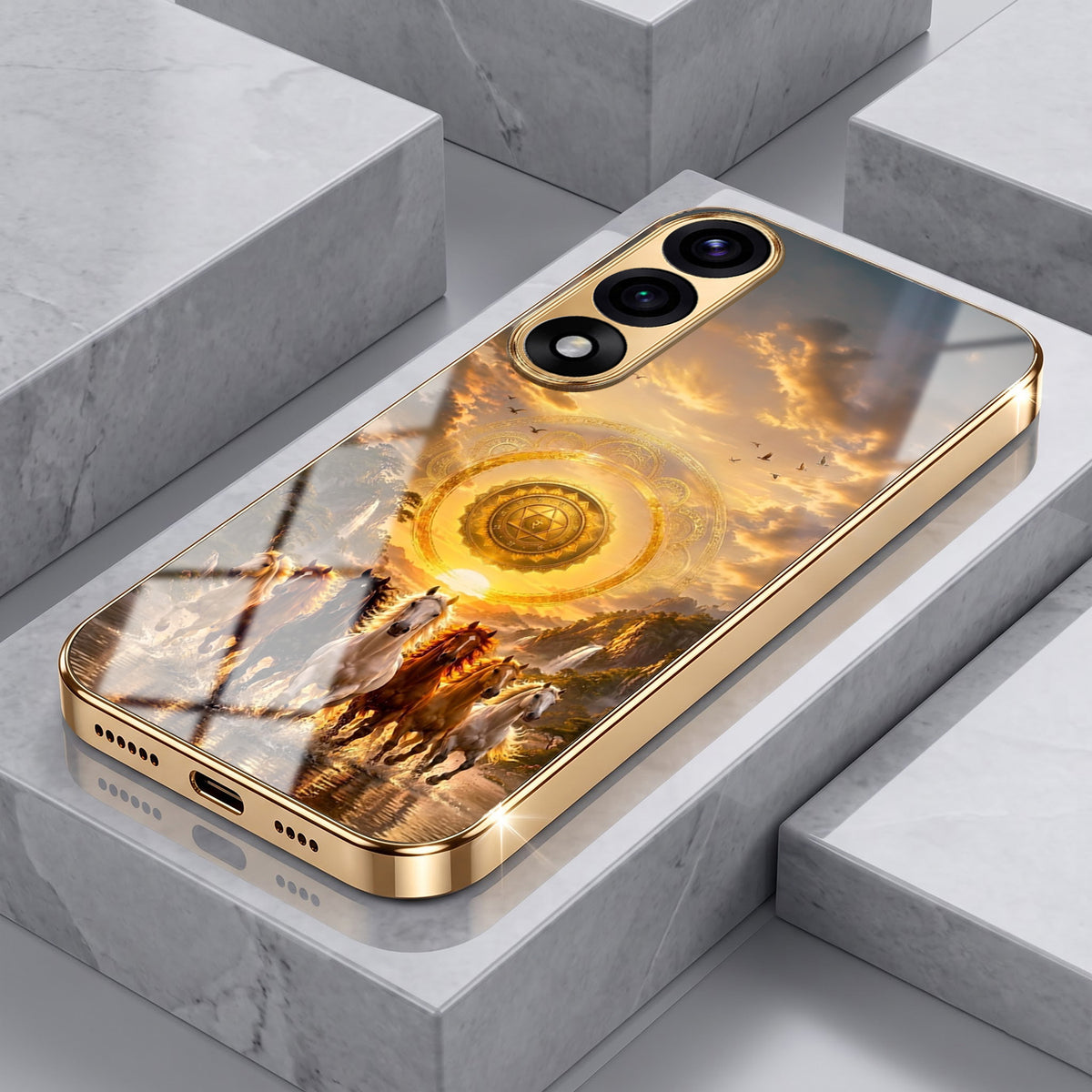 Oneplus Nord 5 5G Celestial Seven Horses Gold Electroplated Glass Phone Back Case