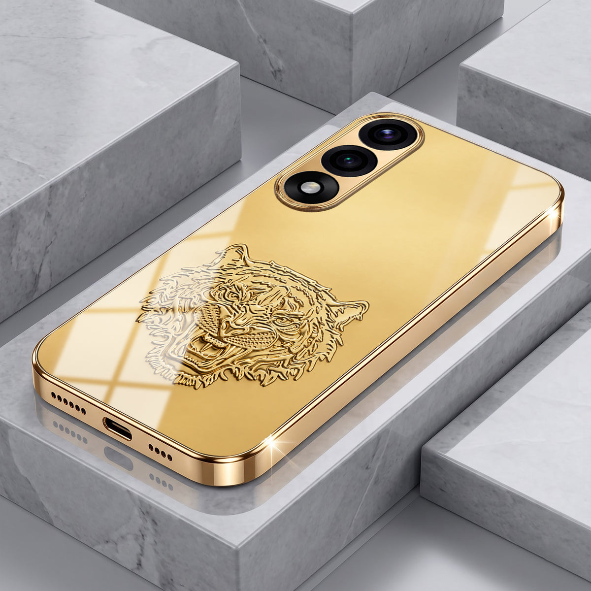 Oneplus Nord 5 5G Golden Tiger Face Gold Electroplated Glass Phone Back Case