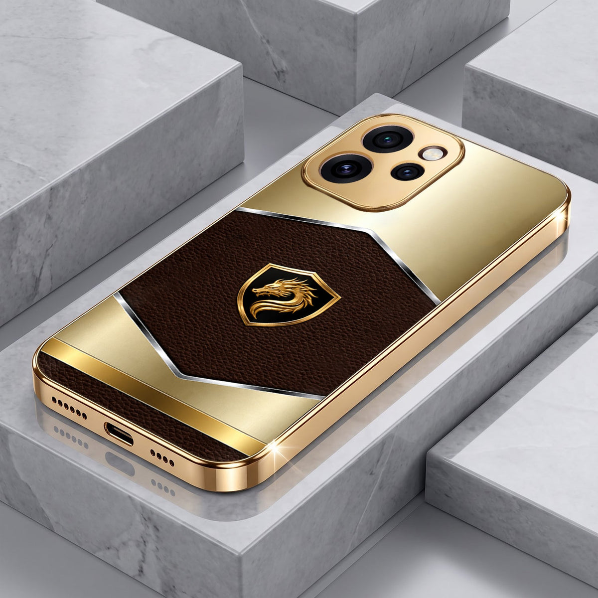 Oppo Reno 15 Pro Mini 5G Dragon Crest Gold Electroplated Glass Phone Back Case