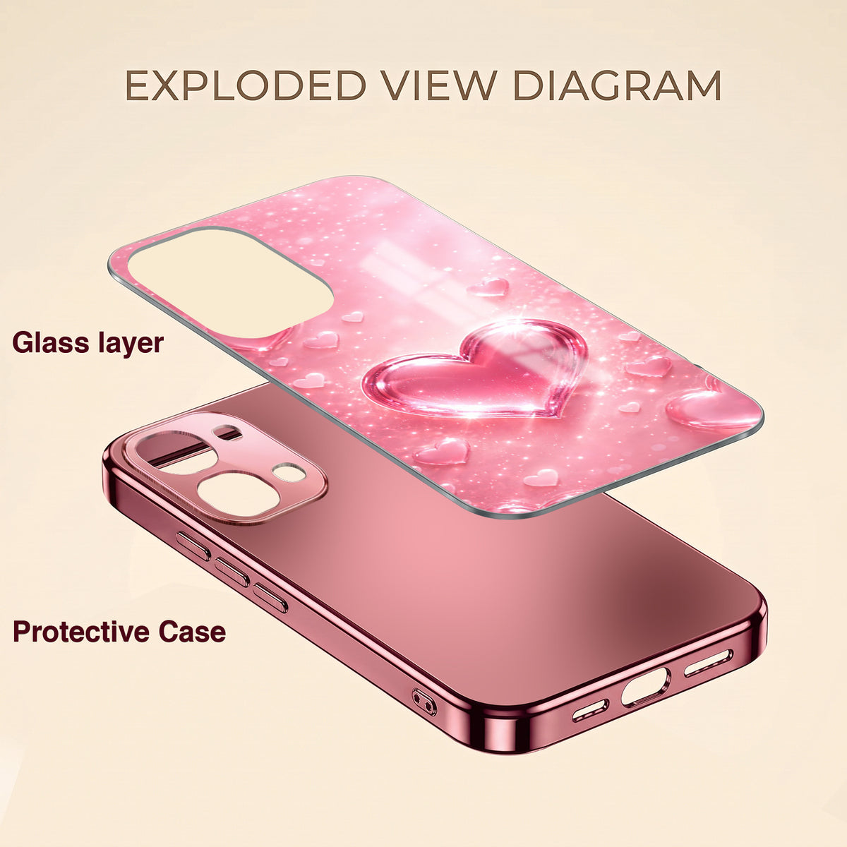 Vivo T5x 5G Luxury 3D Jelly Heart Pink Electroplated Glass Phone Back Case