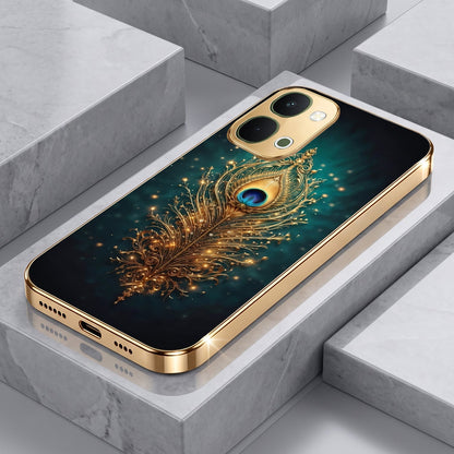 Vivo T5x 5G Golden Peacock Feather Gold Electroplated Glass Phone Back Case