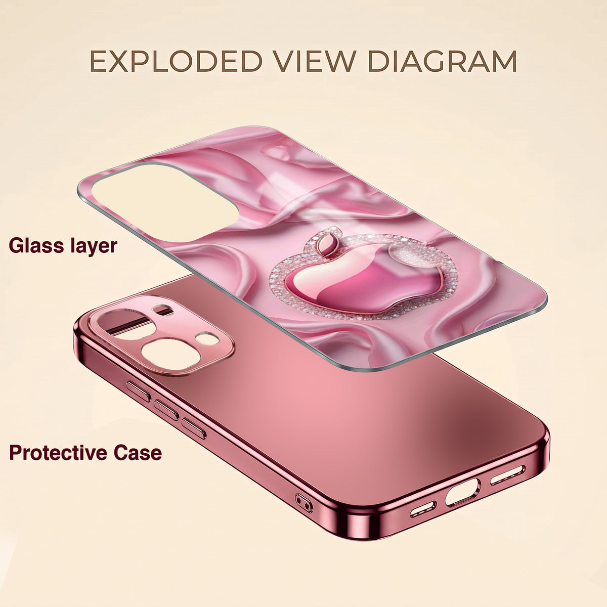 Vivo T5x 5G Luxury Apple Logo Pink Electroplated Glass Phone Back Case