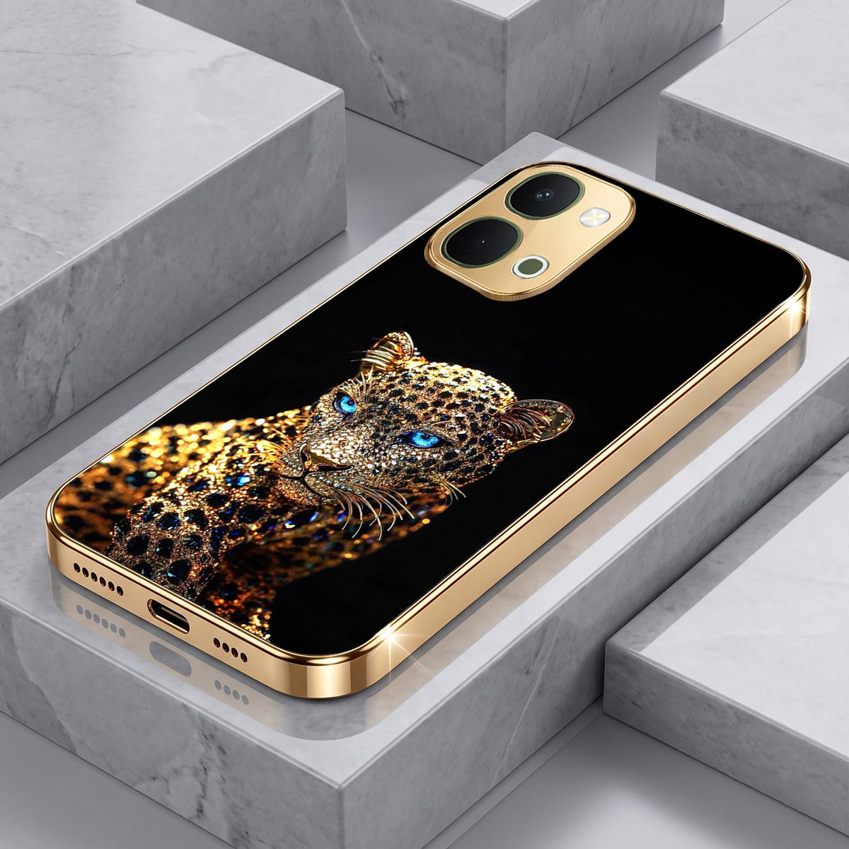 Vivo T5x 5G Panther Gold Electroplated Glass Phone Back Case