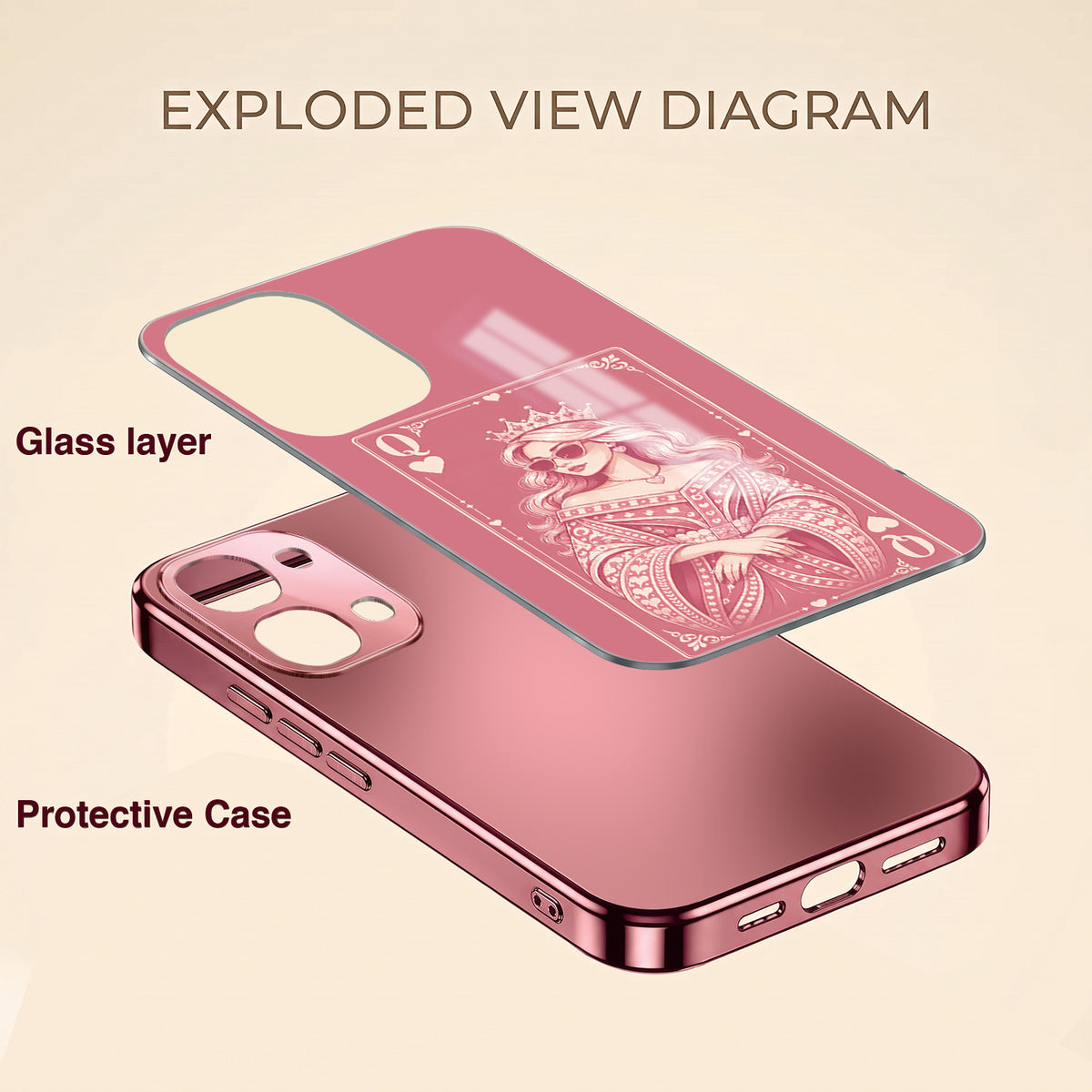 Vivo T5x 5G Luxury Royal Queen Pink Electroplated Glass Phone Back Case