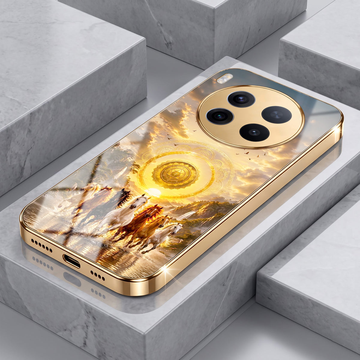 Vivo X300 Pro 5G Celestial Seven Horses Gold Electroplated Glass Phone Back Case